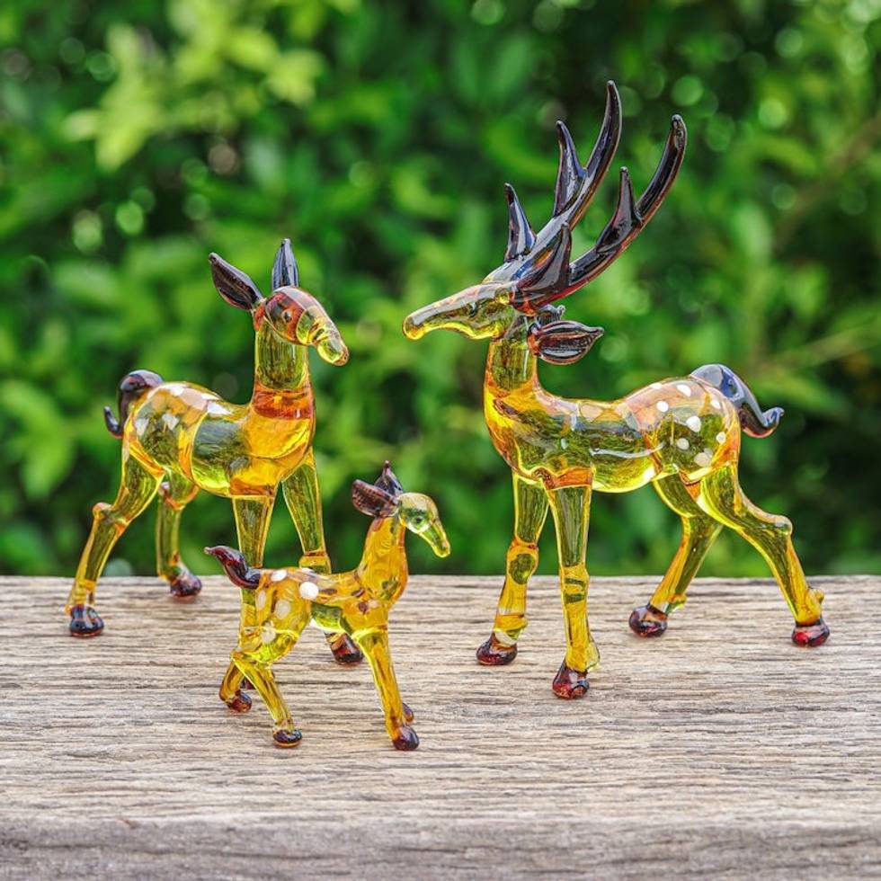Set of 3 Handblown Glass Deer Figurines in Yellow and Brown 'Deer Lineage'