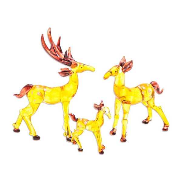 Alternate image for Set of 3 Handblown Glass Deer Figurines in Yellow and Brown Deer Lineage