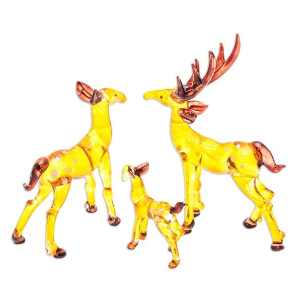 Alternate image for Set of 3 Handblown Glass Deer Figurines in Yellow and Brown Deer Lineage