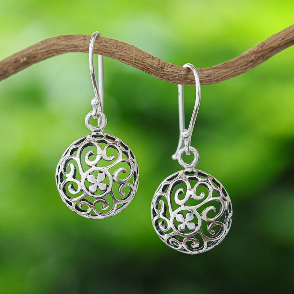 Polished Sterling Silver Dangle Earrings with Floral Design 'Ethereal Bouquets'