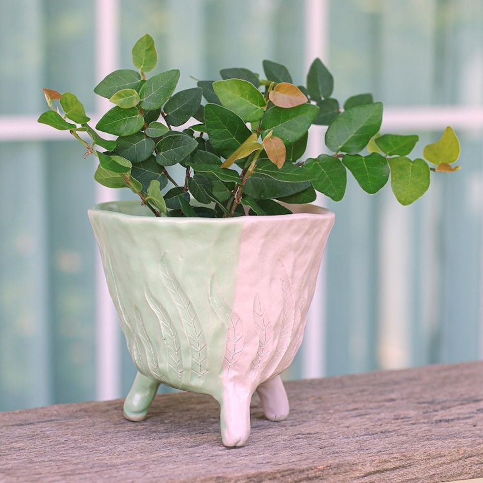 Handcrafted Leafy Ceramic Flower Pot in Green and Pink Tones 'Green Roots'