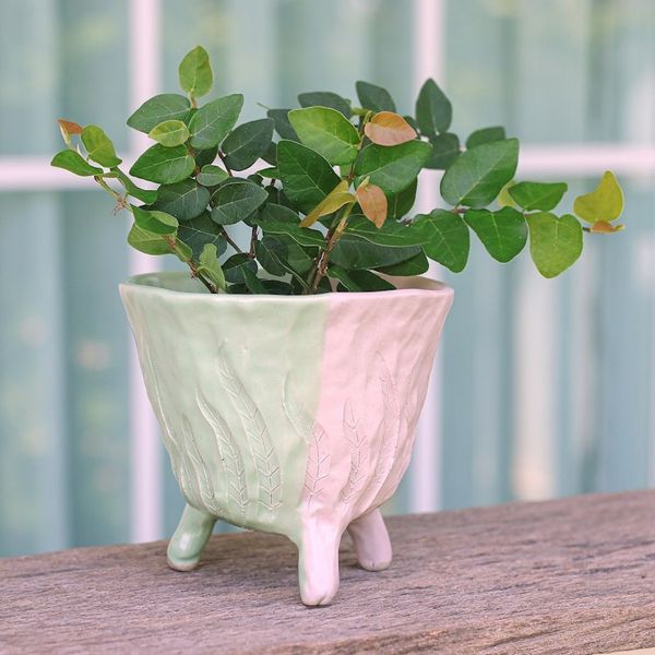 Alternate image for Handcrafted Leafy Ceramic Flower Pot in Green and Pink Tones Green Roots