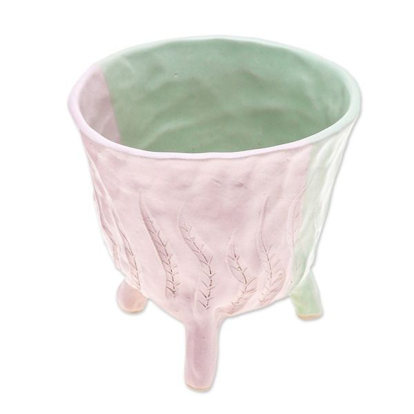 Alternate image for Handcrafted Leafy Ceramic Flower Pot in Green and Pink Tones Green Roots