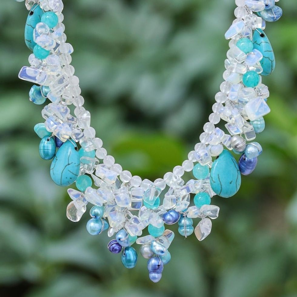 Hand Made Cultured Pearl and Howlite Pendant Necklace 'Teal Palace'