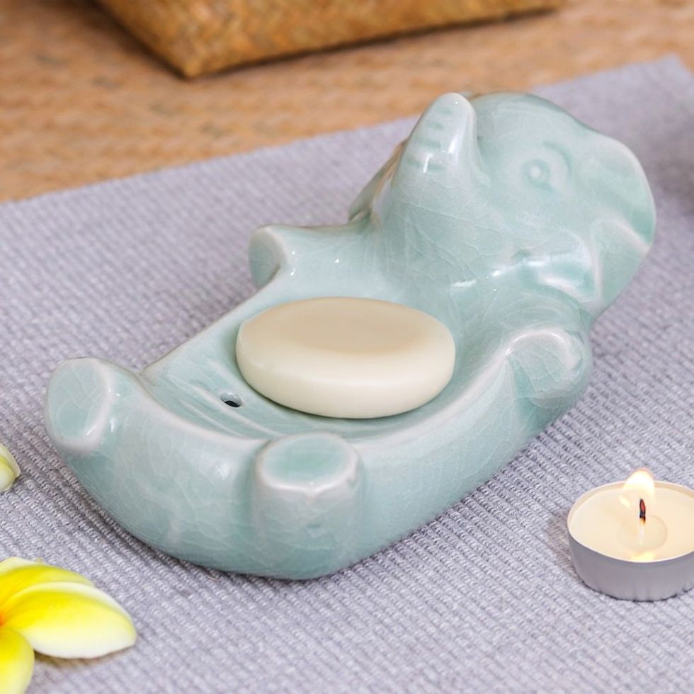 Handcrafted Green Celadon Ceramic Elephant-Themed Soap Dish 'Elephant Wash'