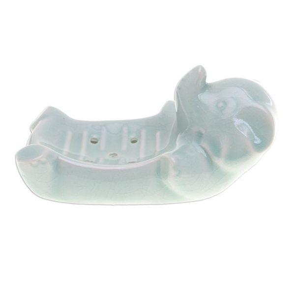 Alternate image for Handcrafted Green Celadon Ceramic Elephant-Themed Soap Dish Elephant Wash