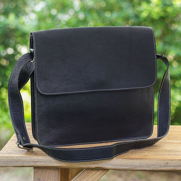 Alternate image for Handcrafted Adjustable 100 Black Leather Shoulder Bag Metropolitan Black