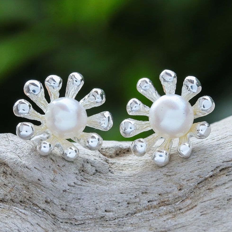 Thai Cultured Pearl and Sterling Silver Button Earrings 'Underwater Flower'