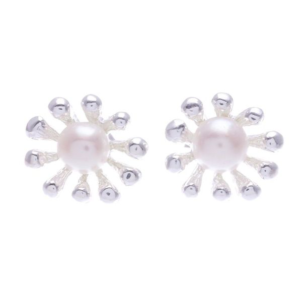 Alternate image for Thai Cultured Pearl and Sterling Silver Button Earrings Underwater Flower