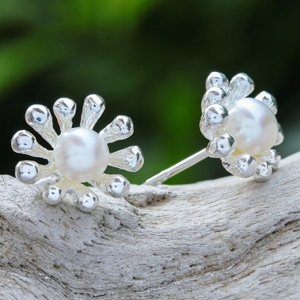 Alternate image for Thai Cultured Pearl and Sterling Silver Button Earrings Underwater Flower