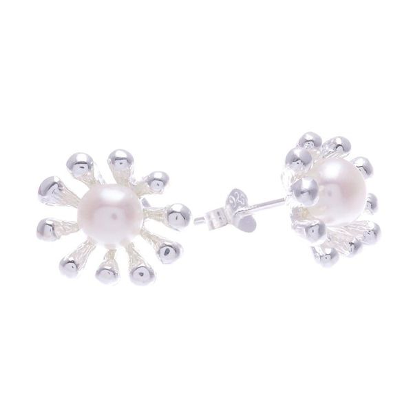Alternate image for Thai Cultured Pearl and Sterling Silver Button Earrings Underwater Flower