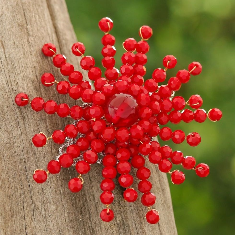 Star-Shaped Red Chalcedony and Glass Beaded Brooch 'The Passionate Starlight'