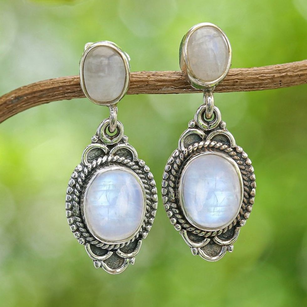 Polished Classic Rainbow Moonstone Dangle Earrings 'Antique Elysium'