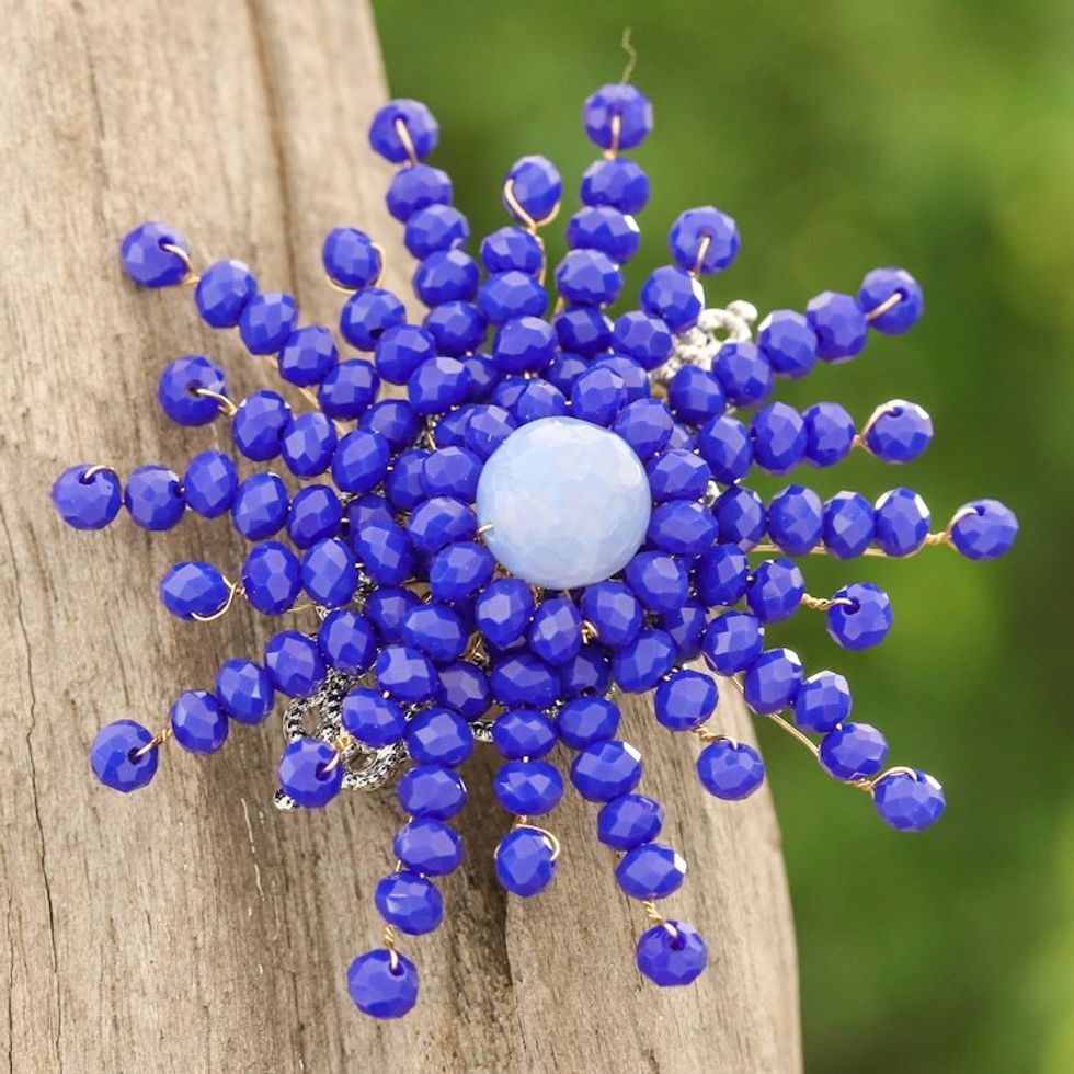 Star-Shaped Blue Chalcedony and Glass Beaded Brooch 'The Magical Starlight'