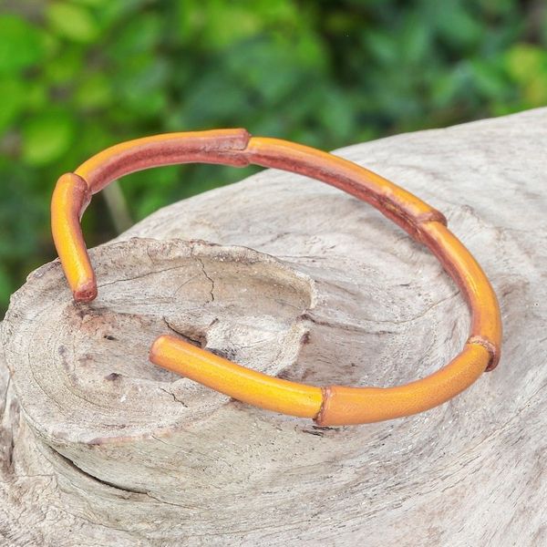 Alternate image for Bamboo-Inspired Adjustable Yellow Leather Cuff Bracelet Joyous Bamboo