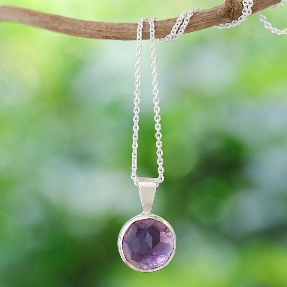 Handmand Silver and Amethyst Pendant Necklace from Thailand 'Amethyst Heavens'