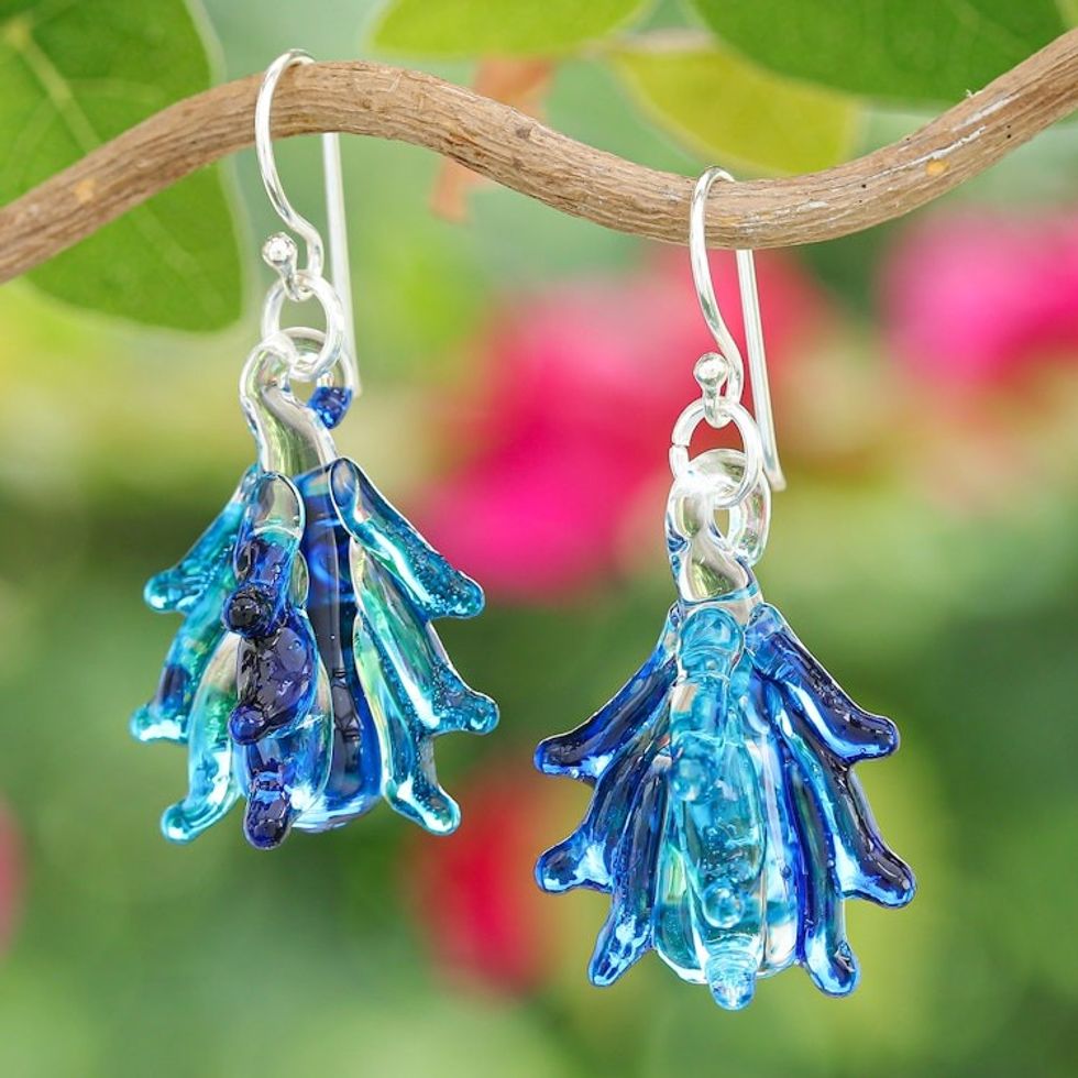 Tree-Inspired Handblown Glass Dangle Earrings in Azure 'Azure Tree'
