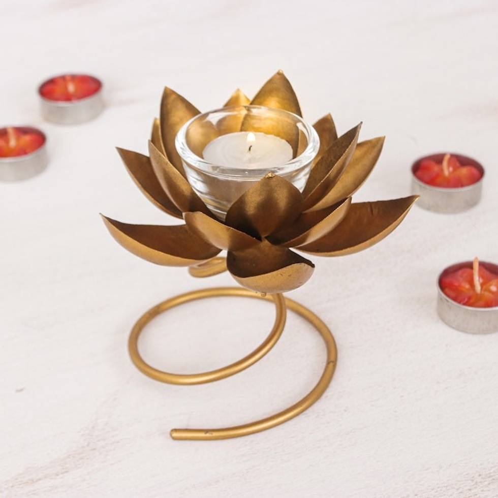 Handmade Steel Iron Lotus Flower Tealight Holder in Gold 'Lotus Flame in Gold'