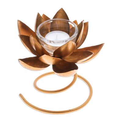Alternate image for Handmade Steel Iron Lotus Flower Tealight Holder in Gold Lotus Flame in Gold