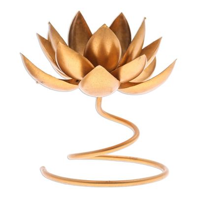Alternate image for Handmade Steel Iron Lotus Flower Tealight Holder in Gold Lotus Flame in Gold