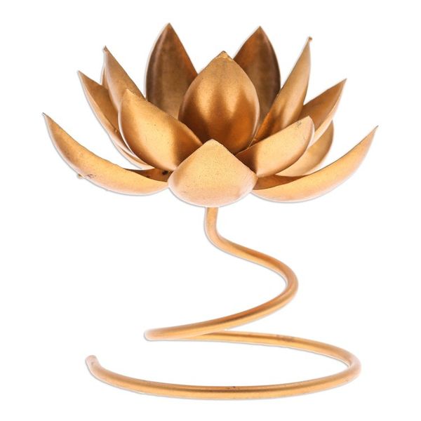 Alternate image for Handmade Steel Iron Lotus Flower Tealight Holder in Gold Lotus Flame in Gold