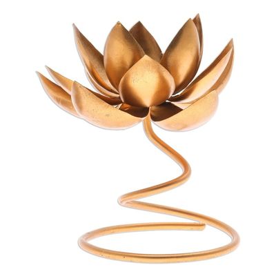 Alternate image for Handmade Steel Iron Lotus Flower Tealight Holder in Gold Lotus Flame in Gold