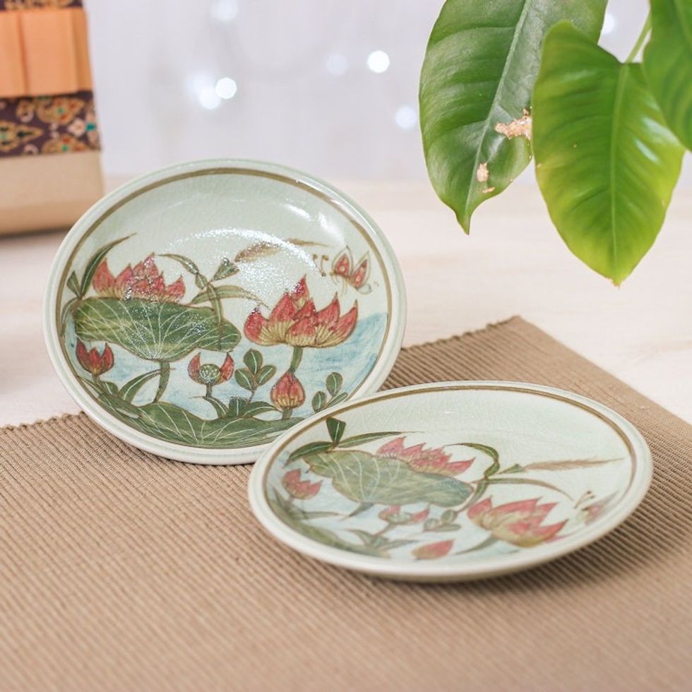 2 Hand-Painted Celadon Ceramic Floral Leaf Dessert Plates 'Lotus Flower Delight'