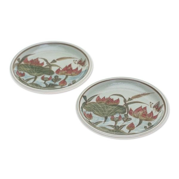 Alternate image for 2 Hand-Painted Celadon Ceramic Floral Leaf Dessert Plates Lotus Flower Delight