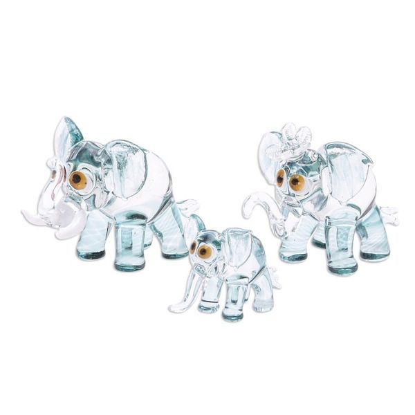 Alternate image for Set of 3 Handblown Elephant Family Glass Figurines in Green Giant Family in Green