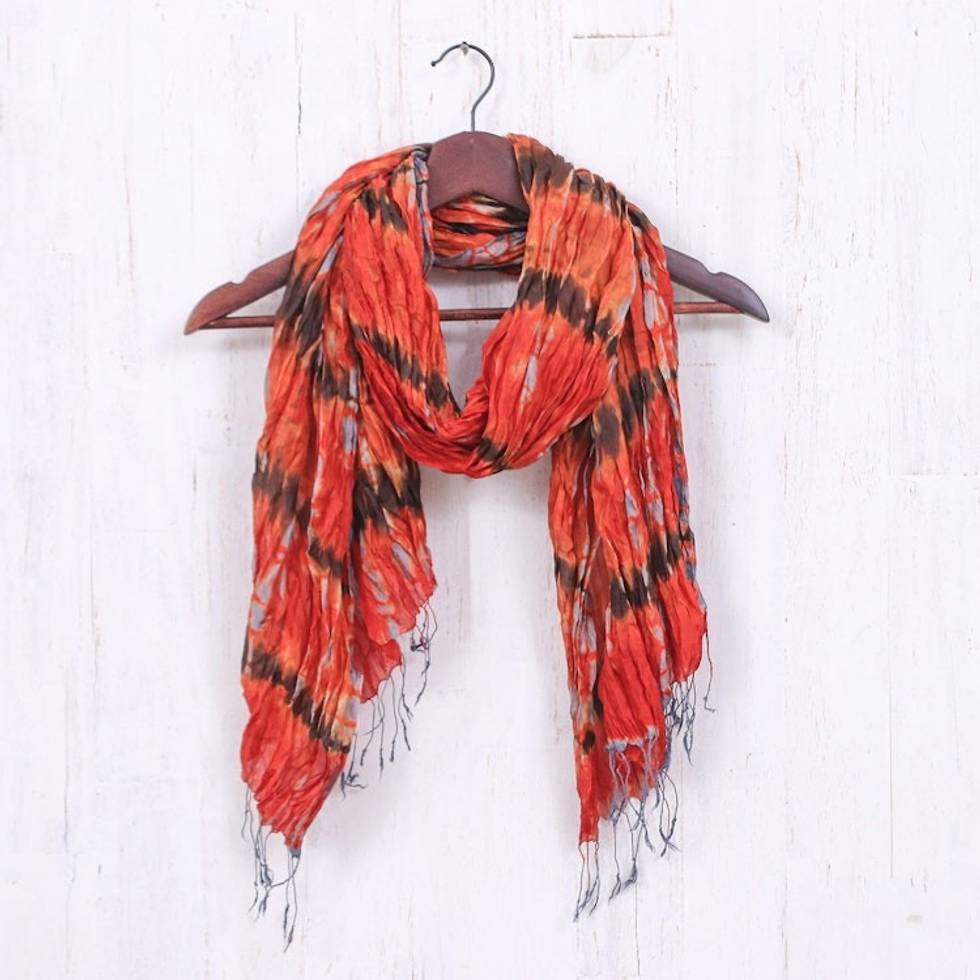 Handmade Orange and Red Tie-dyed Silk Scarf with Fringes 'Flames Fashion'