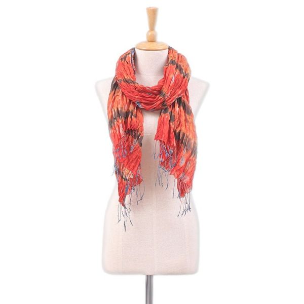 Alternate image for Handmade Orange and Red Tie-dyed Silk Scarf with Fringes Flames Fashion