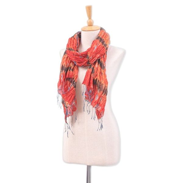 Alternate image for Handmade Orange and Red Tie-dyed Silk Scarf with Fringes Flames Fashion