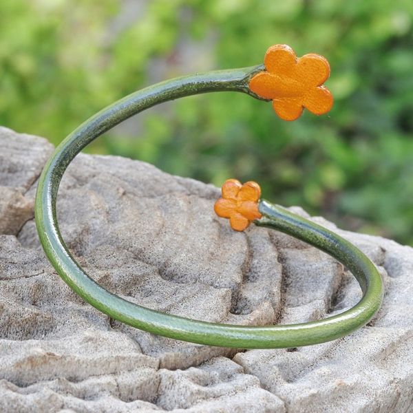 Alternate image for Handcrafted Floral Green and Orange Leather Wrap Bracelet Floral Embrace in Green