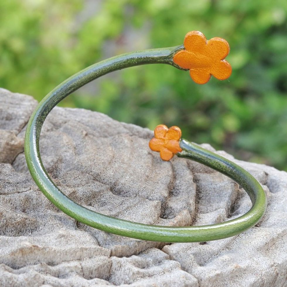 Handcrafted Floral Green and Orange Leather Wrap Bracelet 'Floral Embrace in Green'