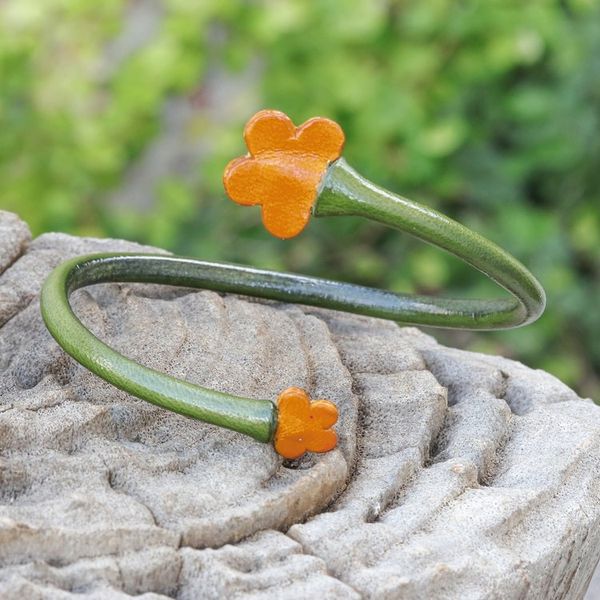 Alternate image for Handcrafted Floral Green and Orange Leather Wrap Bracelet Floral Embrace in Green