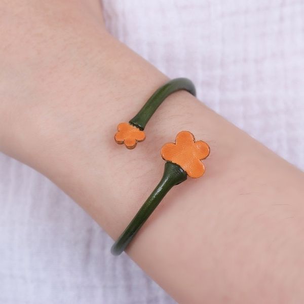 Alternate image for Handcrafted Floral Green and Orange Leather Wrap Bracelet Floral Embrace in Green