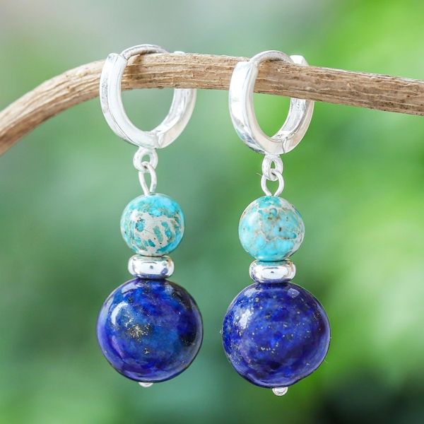 Alternate image for Sterling Silver Hoop Earrings with Lapis Lazuli Turquoise Shining Duo