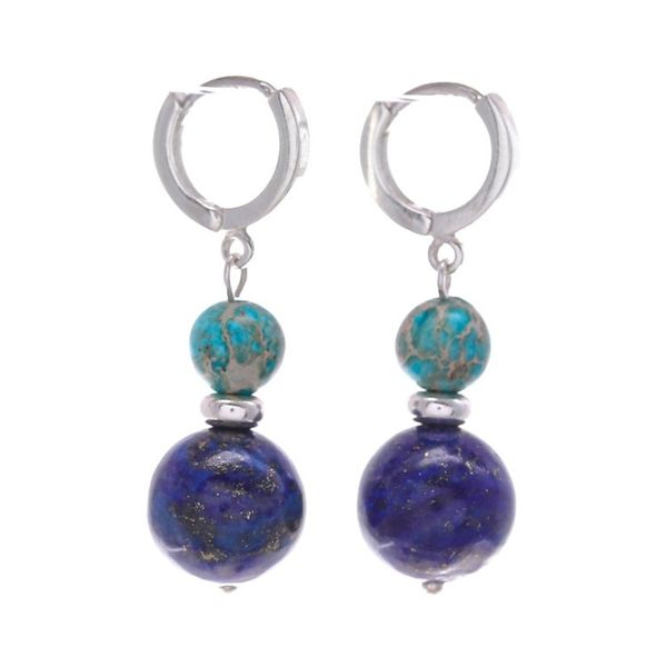 Alternate image for Sterling Silver Hoop Earrings with Lapis Lazuli Turquoise Shining Duo