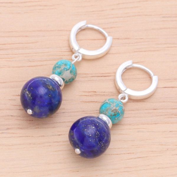 Alternate image for Sterling Silver Hoop Earrings with Lapis Lazuli Turquoise Shining Duo