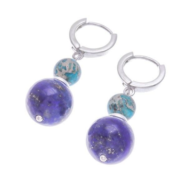 Alternate image for Sterling Silver Hoop Earrings with Lapis Lazuli Turquoise Shining Duo