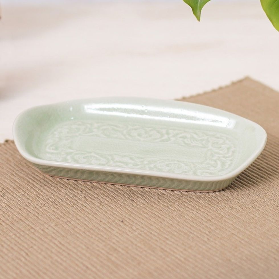 Handmade Celadon Ceramic Leaf-Themed Serving Bowl in Green 'Thai Foliage'