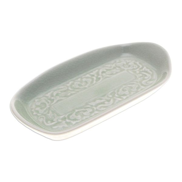 Alternate image for Handmade Celadon Ceramic Leaf-Themed Serving Bowl in Green Thai Foliage