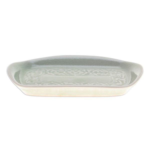 Alternate image for Handmade Celadon Ceramic Leaf-Themed Serving Bowl in Green Thai Foliage