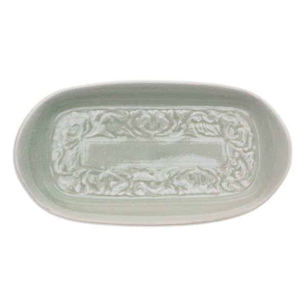 Alternate image for Handmade Celadon Ceramic Leaf-Themed Serving Bowl in Green Thai Foliage