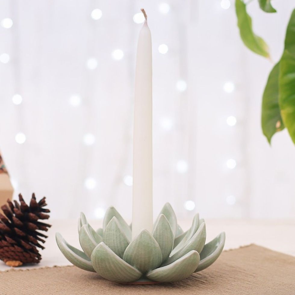Green Celadon Ceramic Candle Holder with Lotus Flower Motif 'Lotus Splendor in Green'