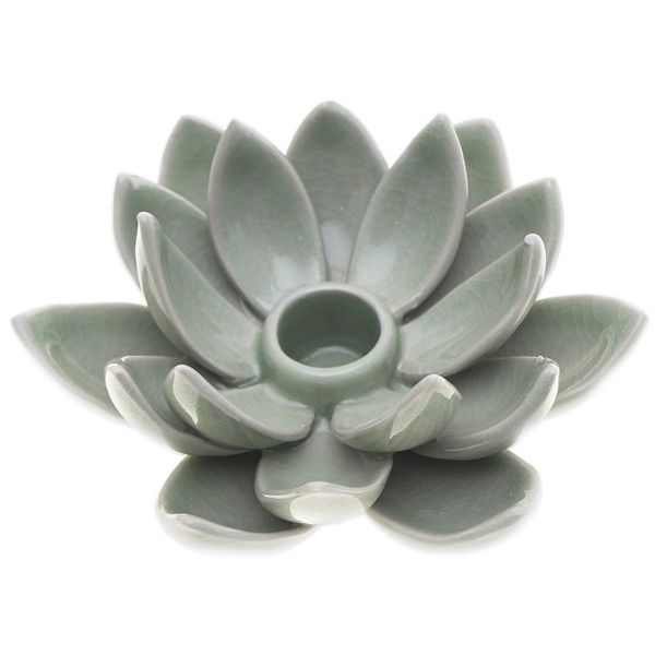 Alternate image for Green Celadon Ceramic Candle Holder with Lotus Flower Motif Lotus Splendor in Green