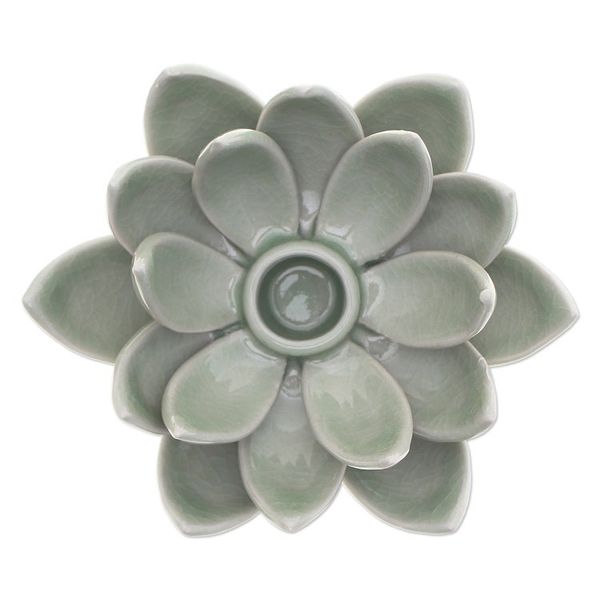 Alternate image for Green Celadon Ceramic Candle Holder with Lotus Flower Motif Lotus Splendor in Green
