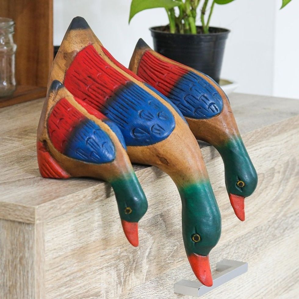 Hand-Carved Wood Sculptures with Colorful Ducks Set of 3 'Drinking Ducks'