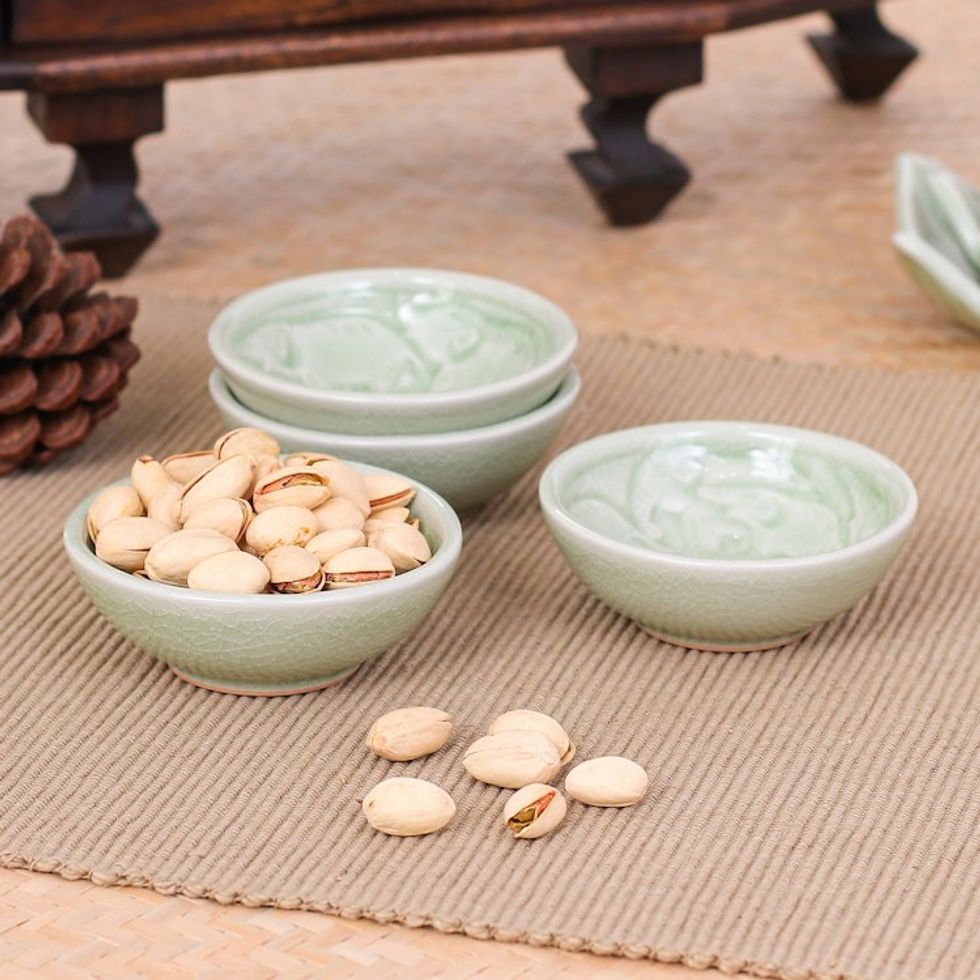 4 Green Celadon Ceramic Elephant Themed Appetizer Bowls 'Elephant Herd'