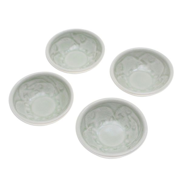 Alternate image for 4 Green Celadon Ceramic Elephant Themed Appetizer Bowls Elephant Herd